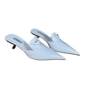 Prada White Spazzolato Triangle Logo 55M Pointed Toe Mules Heels Size 39